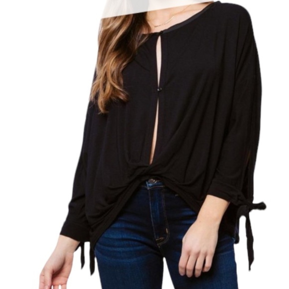 Free People oversized loose twist front button up black blouse size x small